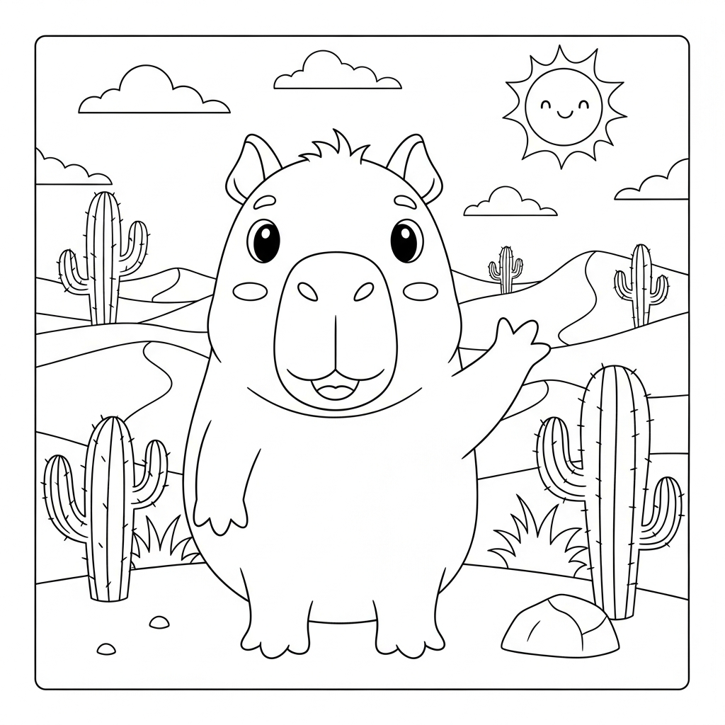 Desenho de capivara para colorir em pé acenando sorridente no deserto com cactos