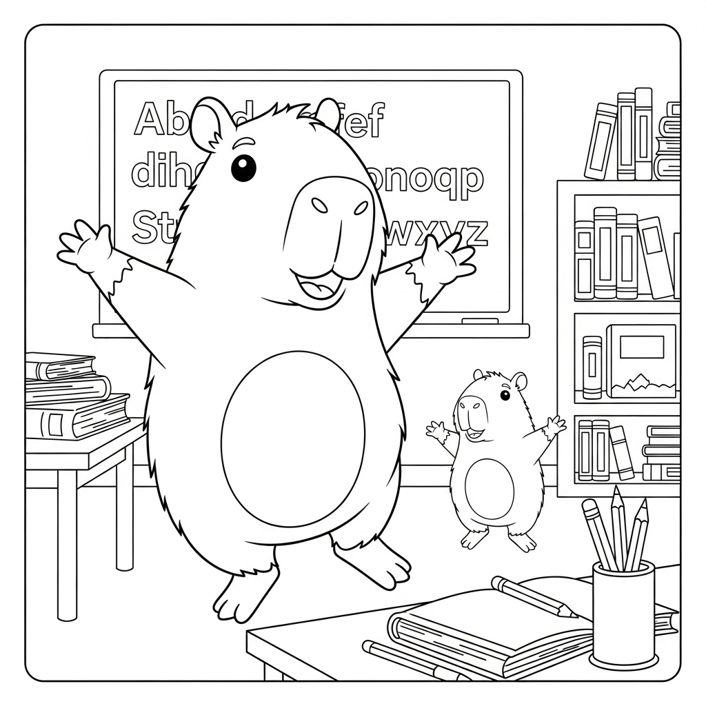 Desenho de capivara para colorir dançando com braços para cima na sala de aula.