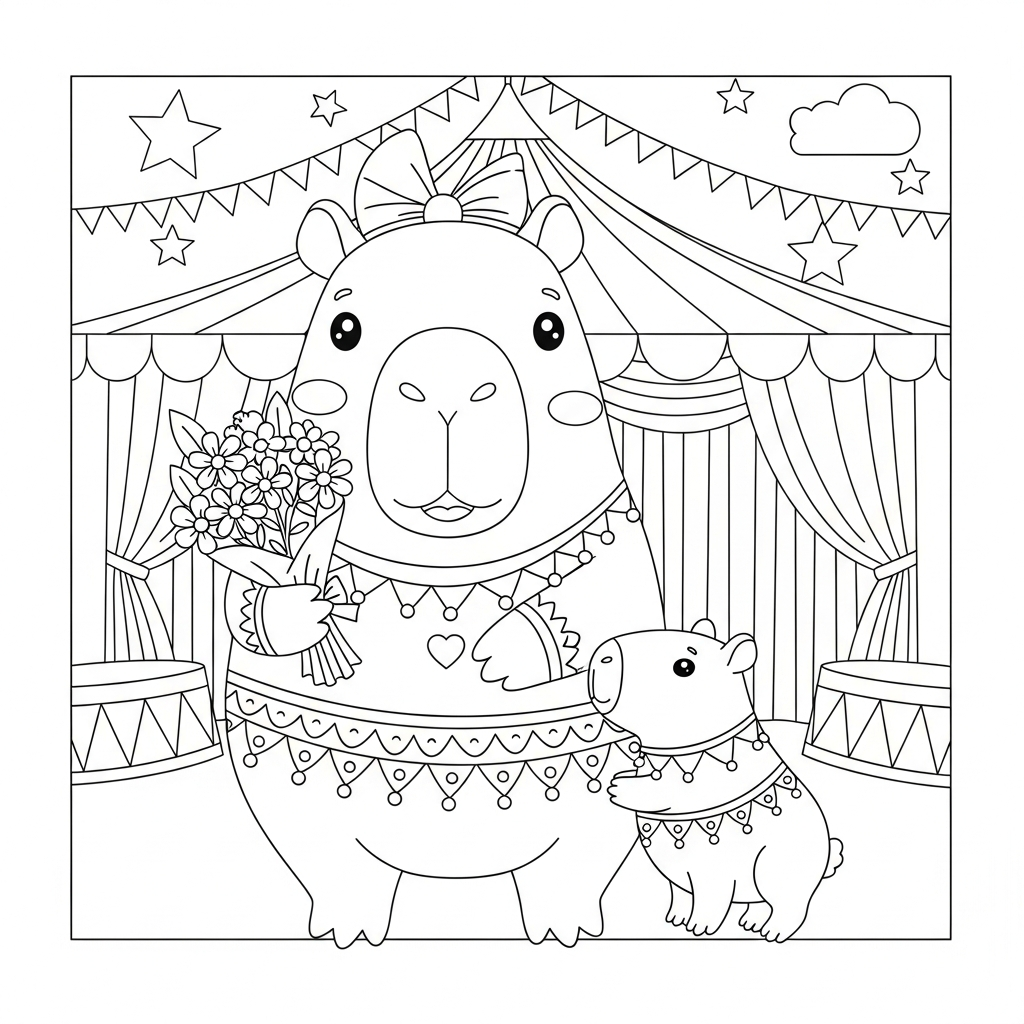 Desenho de capivara para colorir segurando buquê de flores no circo com tenda.