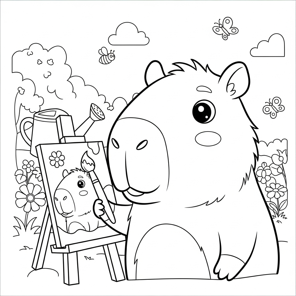 Desenho de capivara para colorir pintando em cavalete no jardim com flores e abelhas.