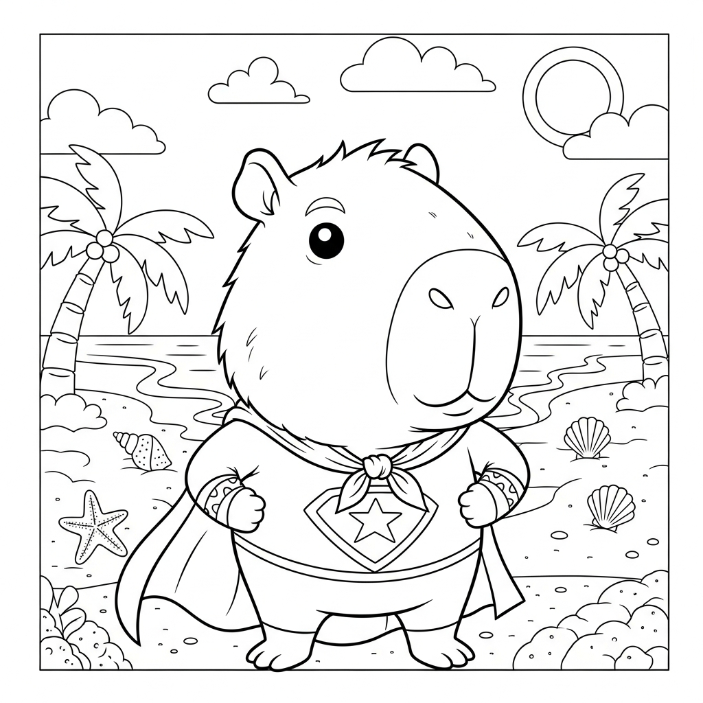 Desenho de capivara para colorir usando capa de super-herói na praia com palmeiras.