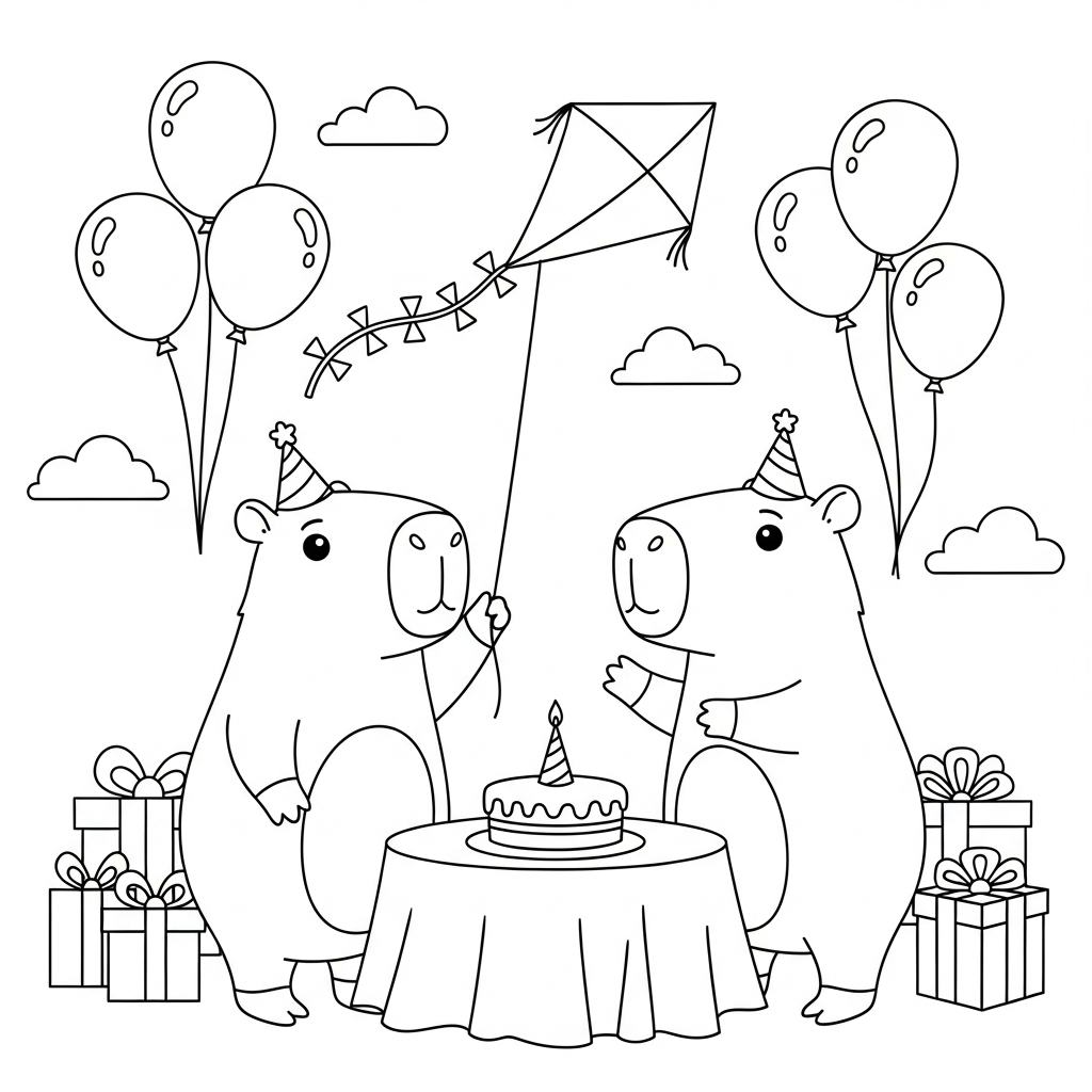 Desenho de capivara para colorir segurando pipa em festa de aniversário