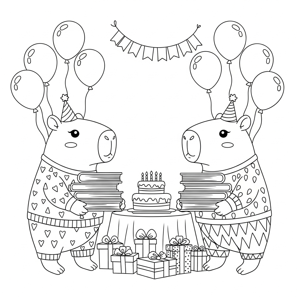 Desenho de capivara para colorir carregando pilha de livros em festa de aniversário