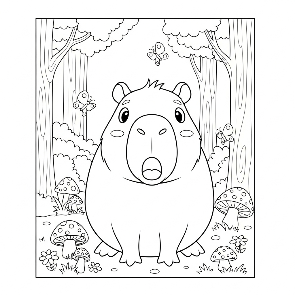 Desenho de capivara para colorir chocada na floresta com cogumelos e borboletas