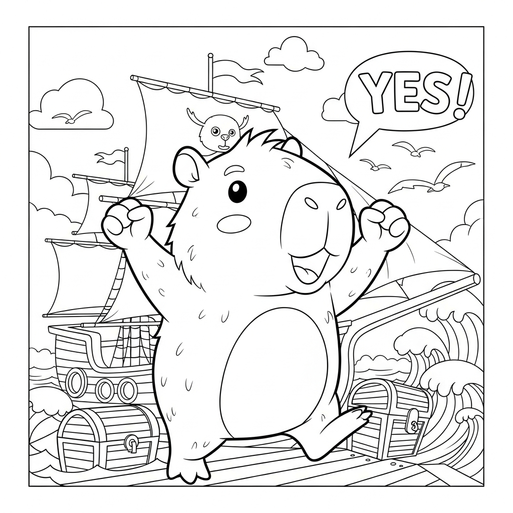 Desenho de capivara para colorir vibrando com punhos no ar em navio pirata.