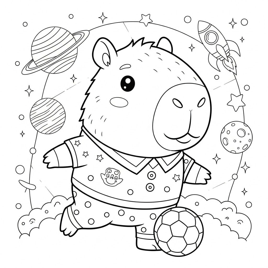 Desenho de capivara para colorir jogando futebol no espaço com planetas e foguete.