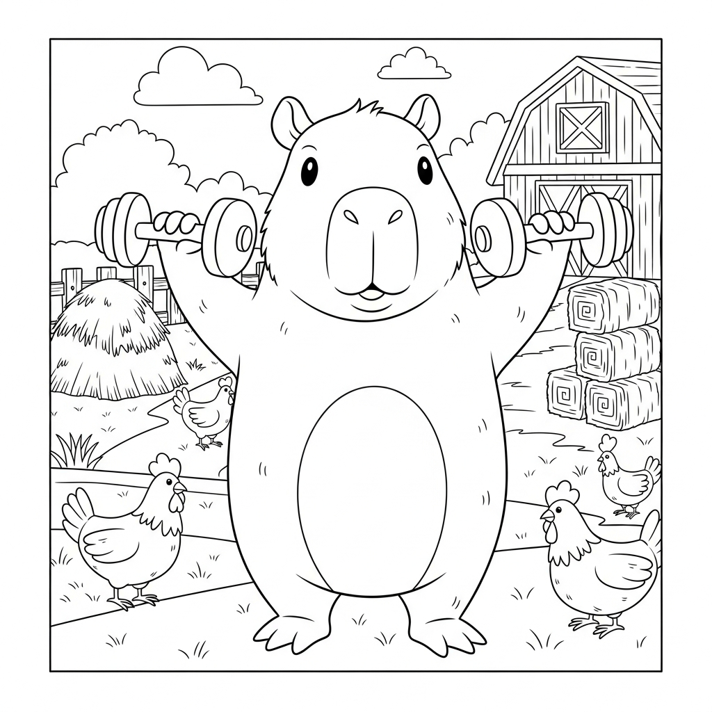 Desenho de capivara para colorir levantando halteres pequenos em fazenda com celeiro