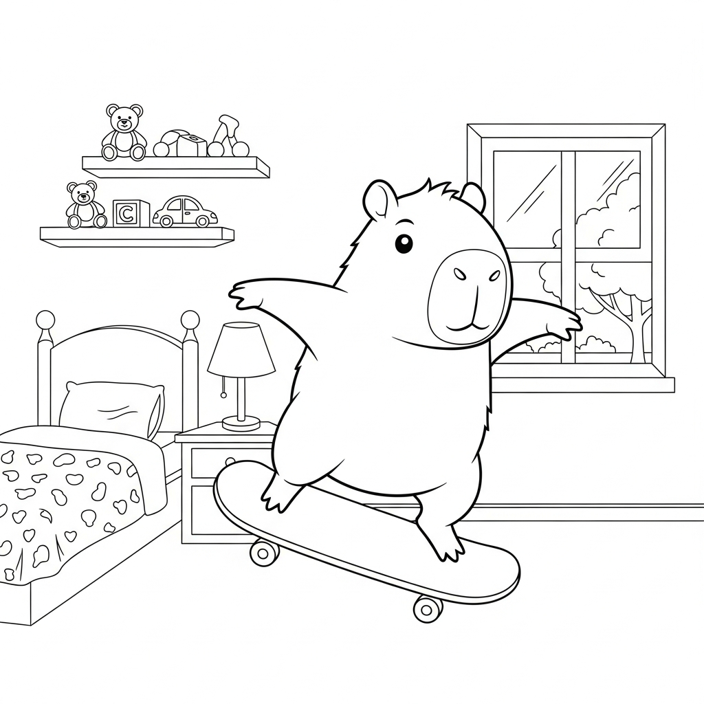 Desenho de capivara para colorir andando de skate em manobra no quarto com cama e brinquedos.