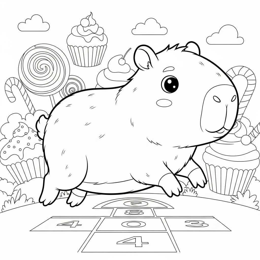 Desenho de capivara para colorir jogando amarelinha na terra dos doces.