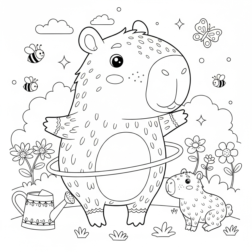 Desenho de capivara para colorir brincando com bambolê no jardim com flores e abelhas