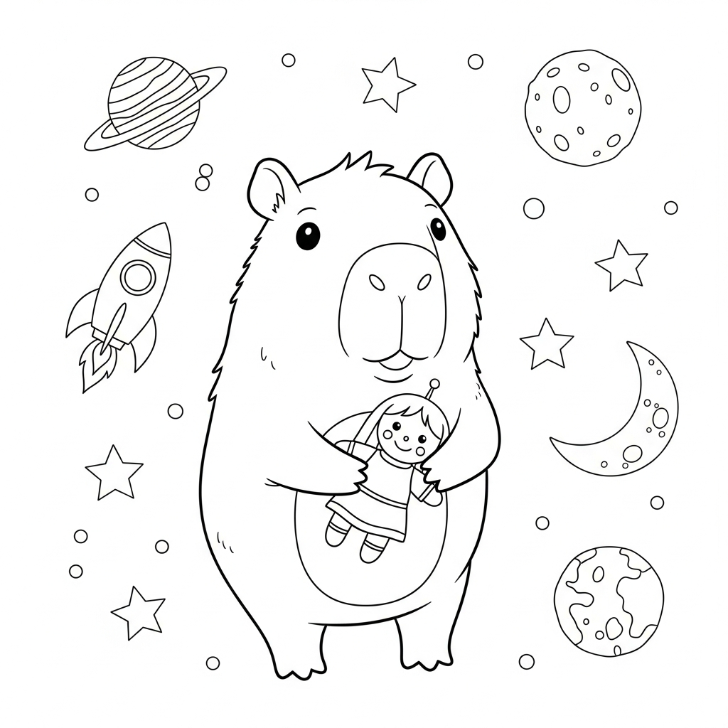 Desenho de capivara para colorir embalando boneca no espaço com planetas e foguete