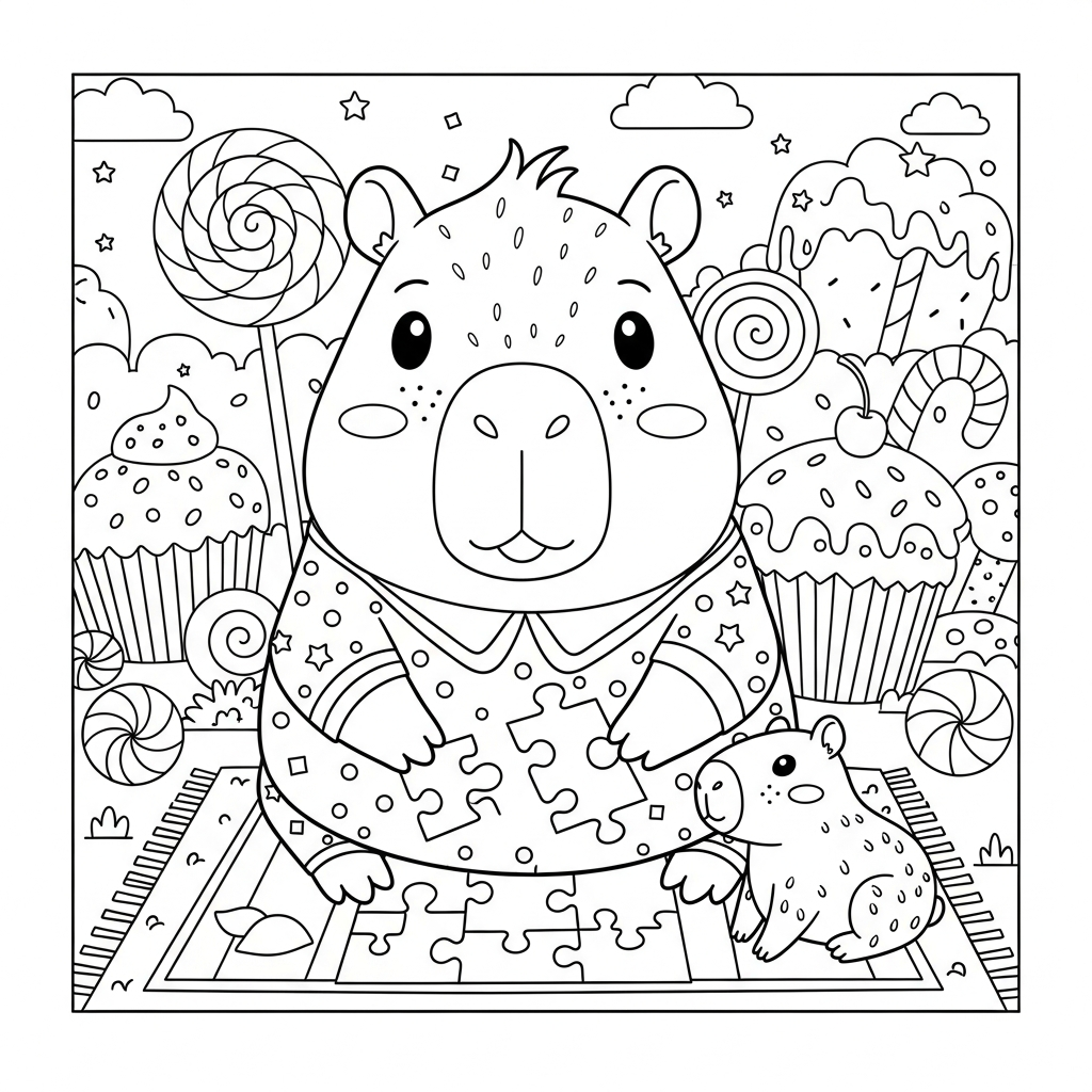 Desenho de capivara para colorir montando quebra-cabeças no tapete na terra dos doces