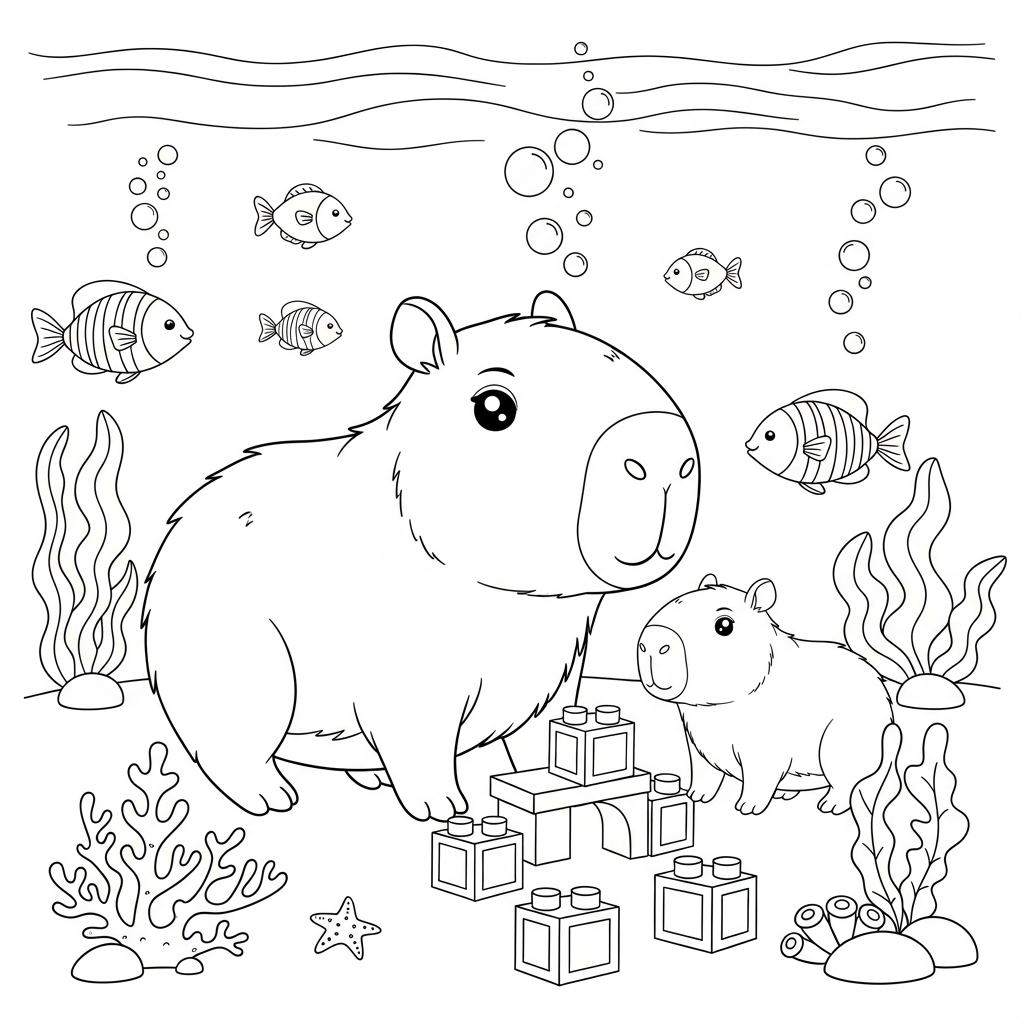 Desenho de capivara para colorir brincando com blocos no fundo do mar.