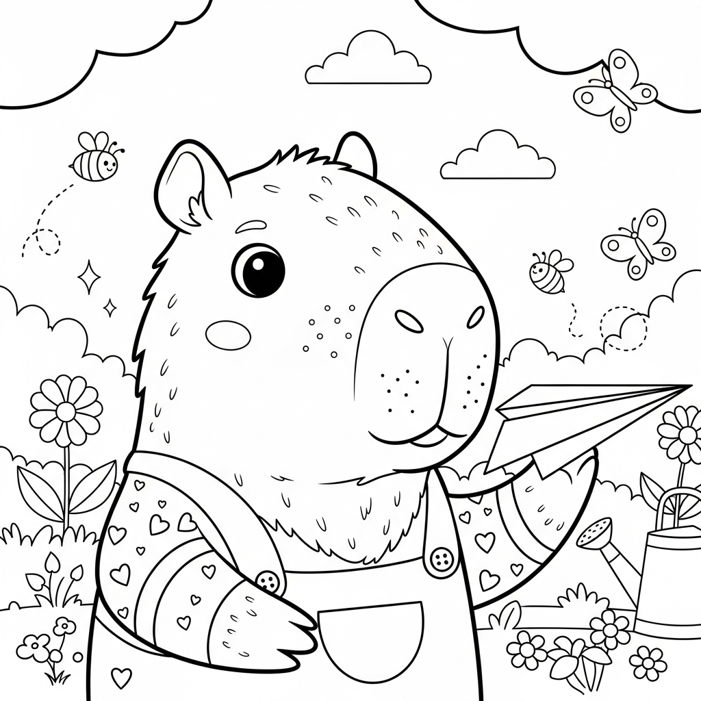 Desenho de capivara para colorir brincando com avião de papel no jardim florido com abelhas.