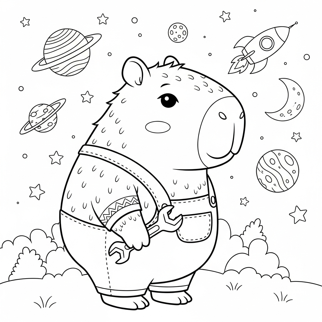 Desenho de capivara para colorir vestido de mecânico com chave inglesa no espaço.