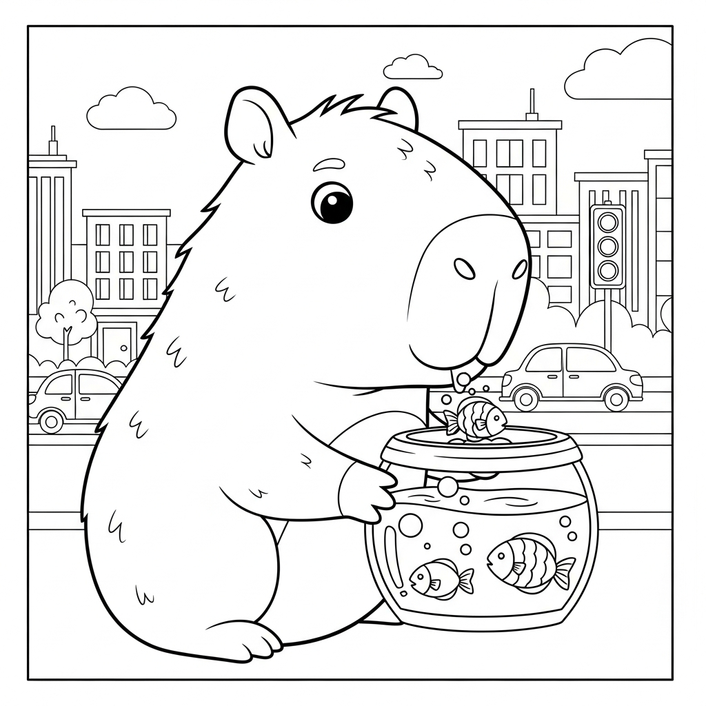 Desenho de capivara para colorir alimentando peixinhos no aquário na rua da cidade