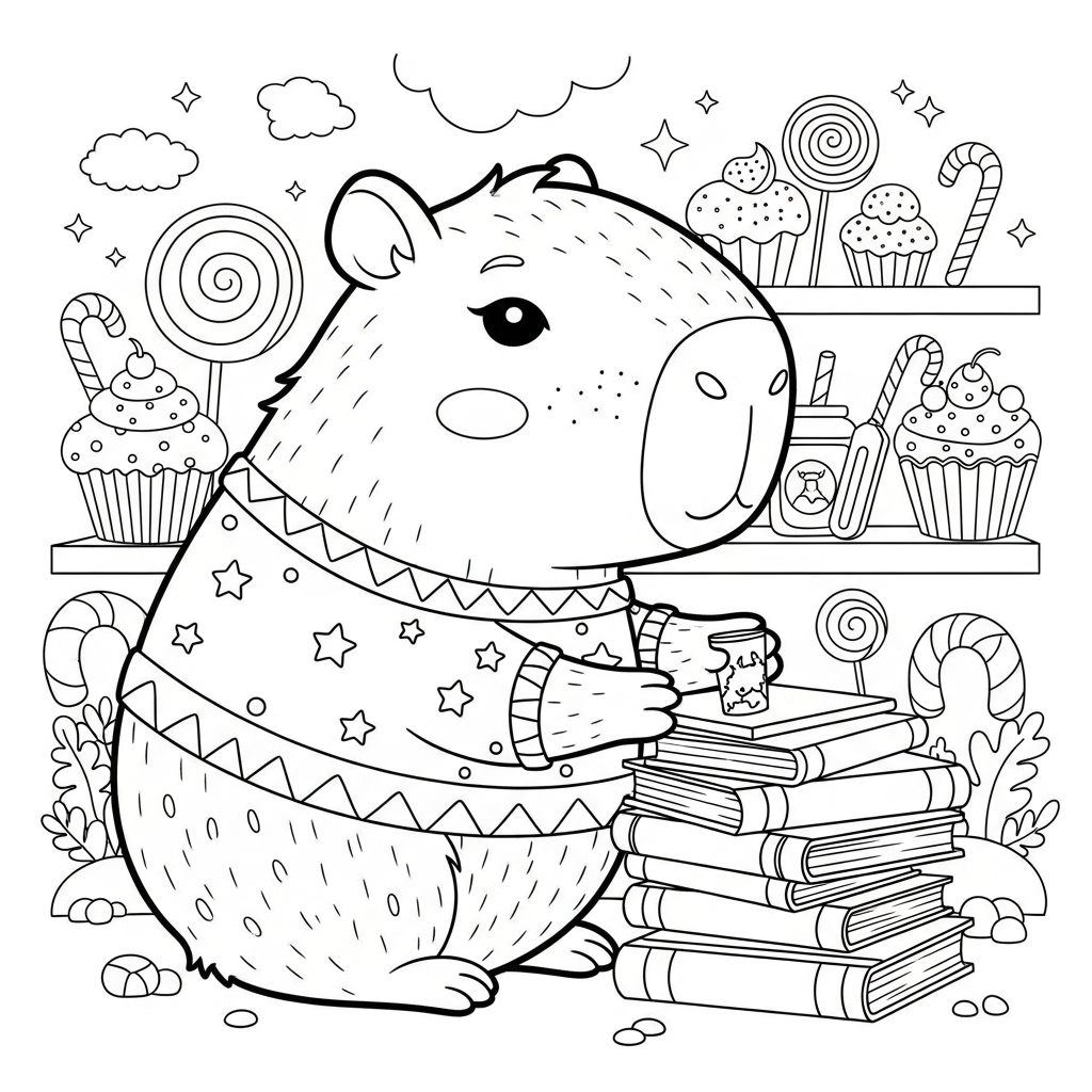 Desenho de capivara para colorir organizando livros na estante na terra dos doces