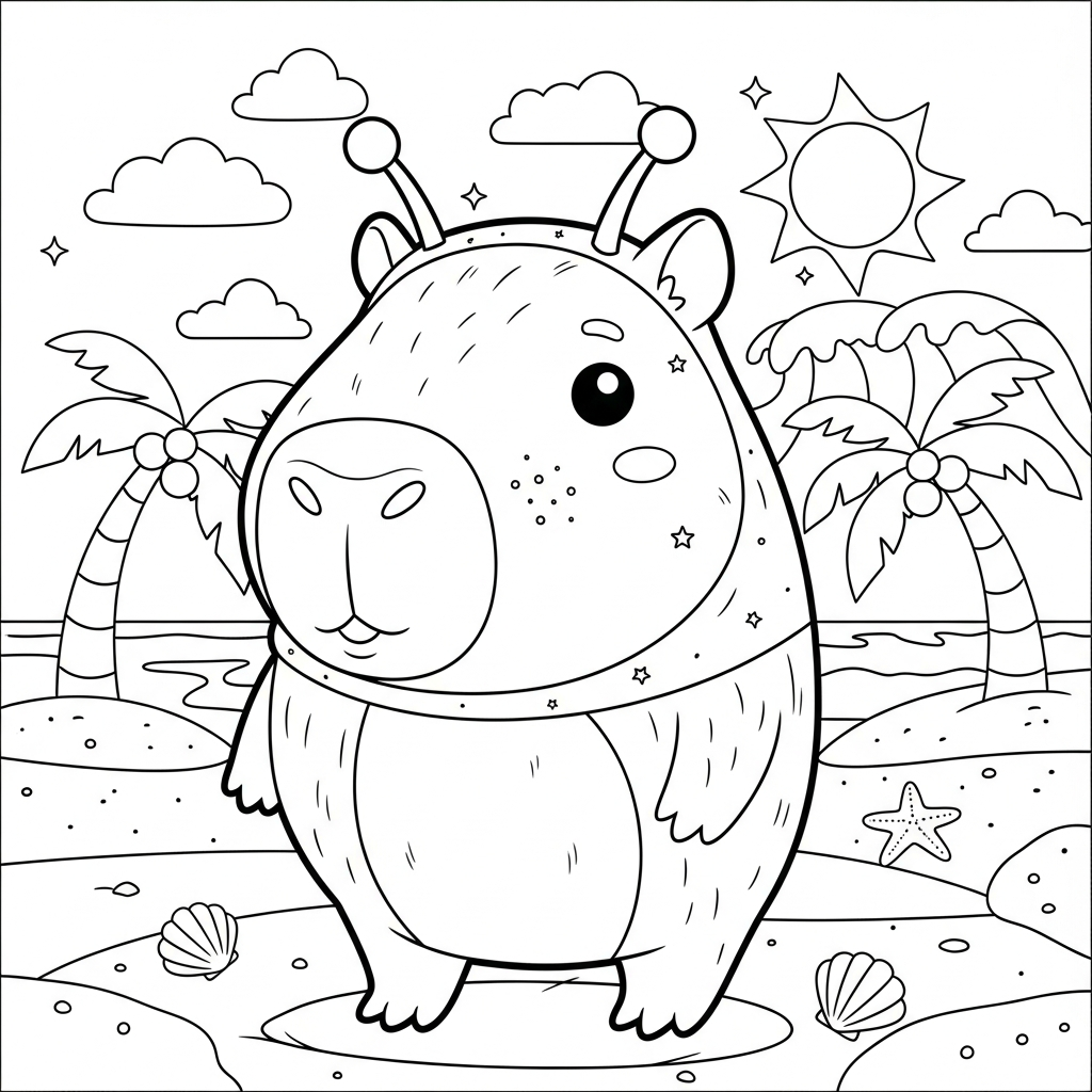 Desenho de capivara para colorir vestido de alienígena com antenas na praia com palmeiras