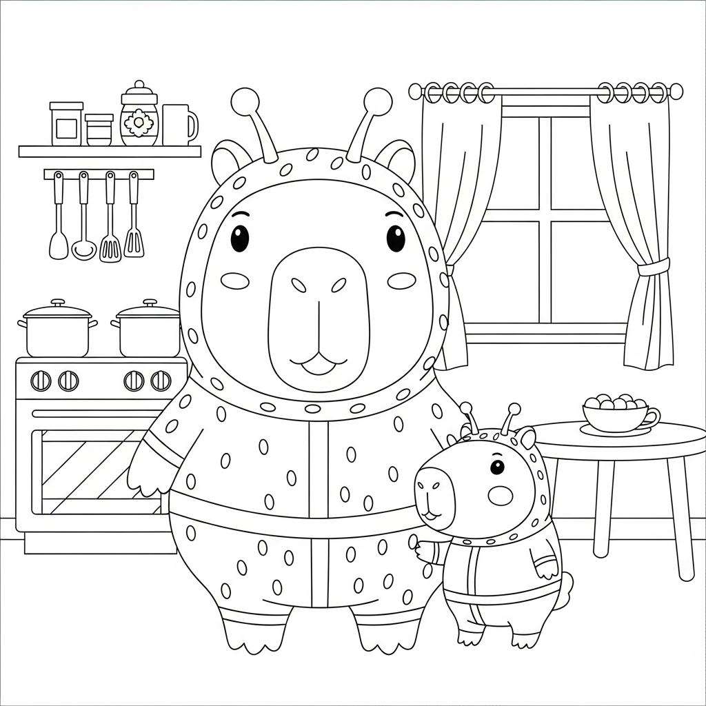 Desenho de capivara para colorir vestido de alienígena com antenas na cozinha.