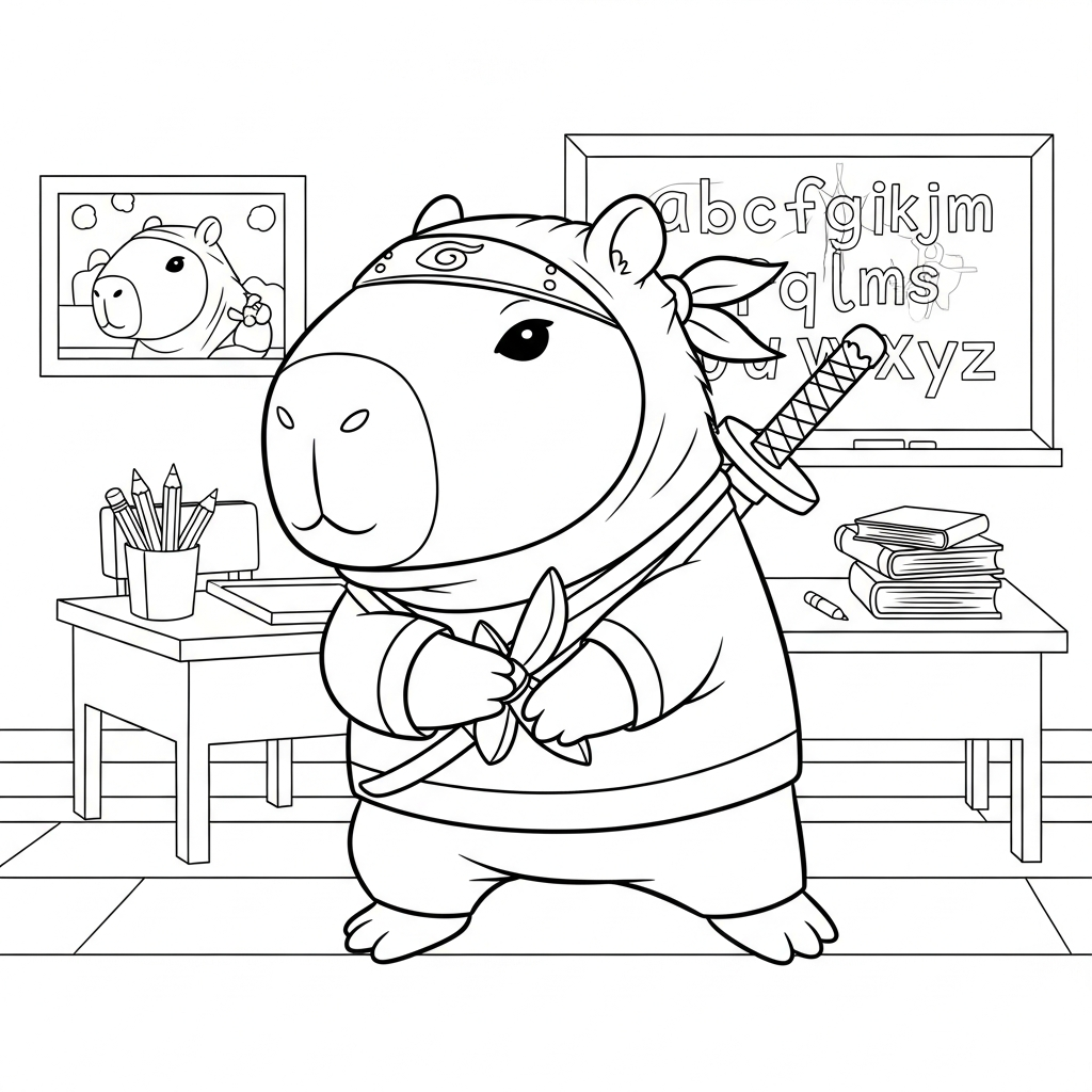 Desenho de capivara para colorir vestido de ninja em sala de aula com lousa.