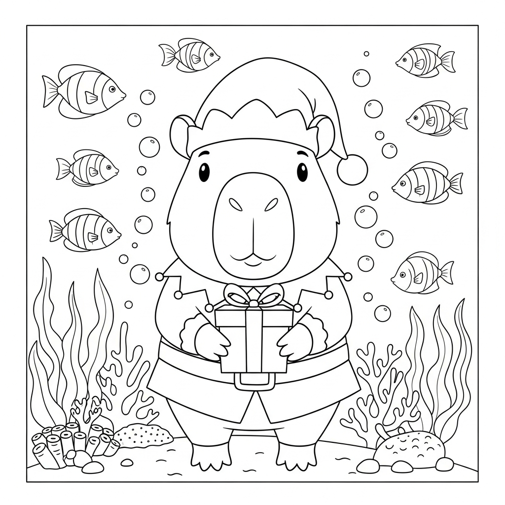 Desenho de capivara para colorir vestida de duende entregando presente no fundo do mar.