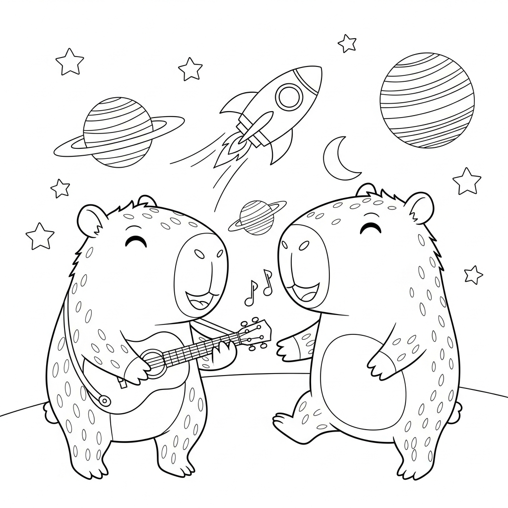 Desenho de capivara para colorir tocando ukulele alegre no espaço com planetas e foguete