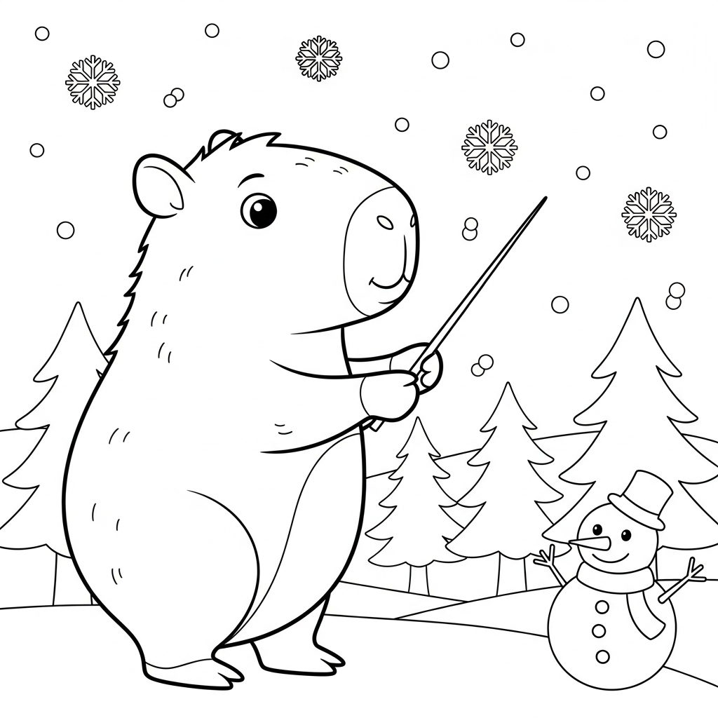 Desenho de capivara para colorir regendo orquestra com batuta em paisagem nevada com pinheiros