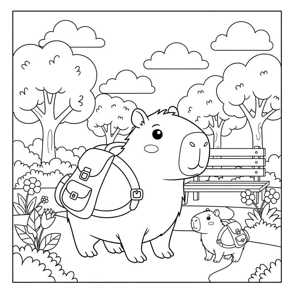 Desenho de capivara para colorir explorando floresta com mochila em parque ensolarado.