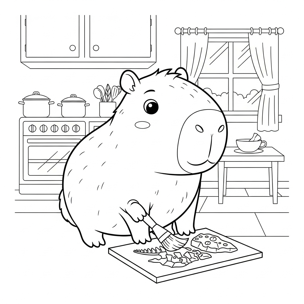 Desenho de capivara para colorir descobrindo fóssil de dinossauro com pincel na cozinha