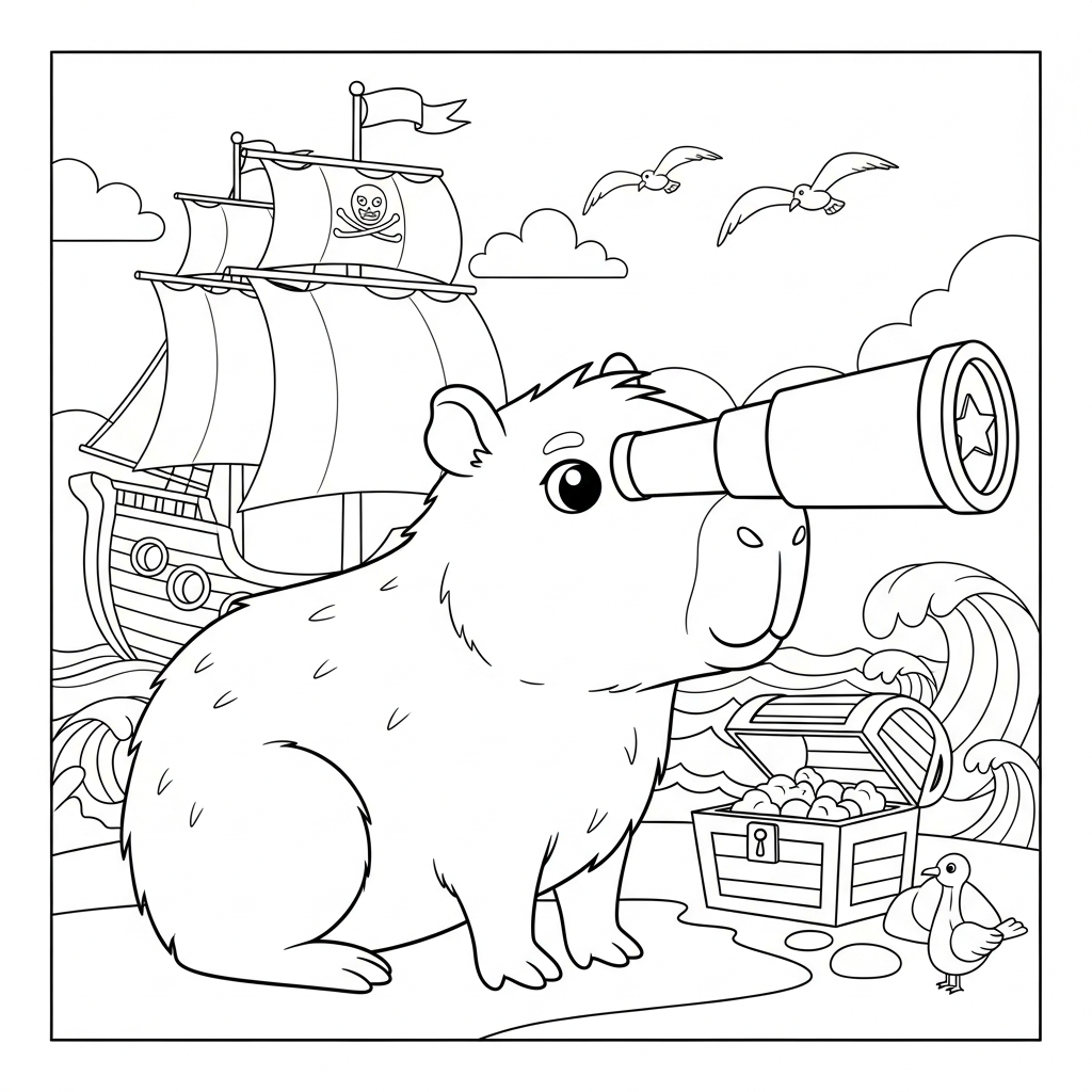 Desenho de capivara para colorir observando estrelas com telescópio em navio pirata