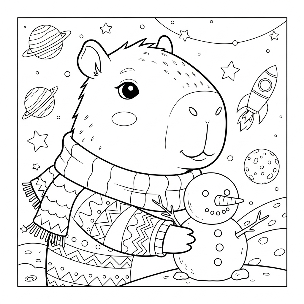 Desenho de capivara para colorir fazendo boneco de neve no jardim espacial com foguete.