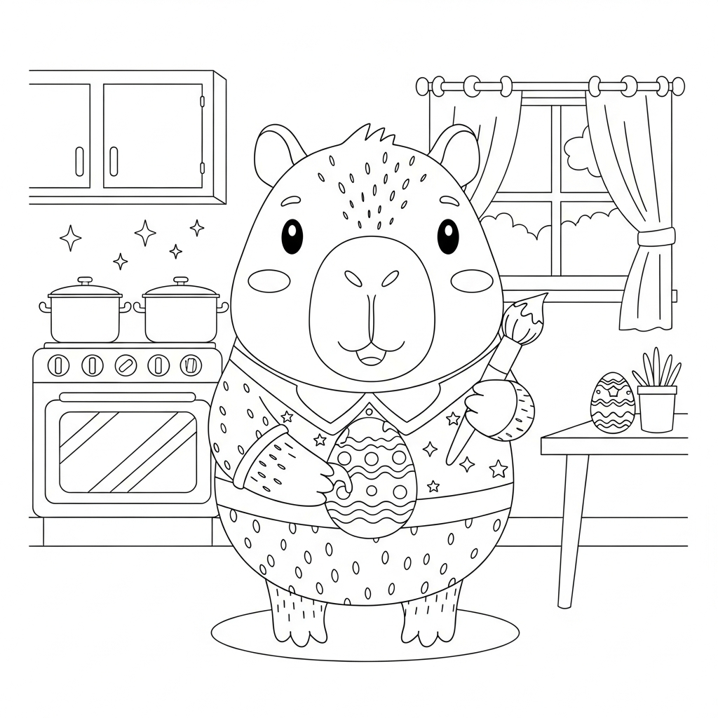 Desenho de capivara para colorir pintando ovo de páscoa na cozinha com forno e panelas.