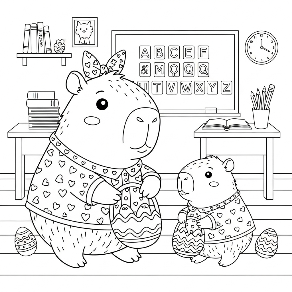 Desenho de capivara para colorir caçando ovos de páscoa no jardim da sala de aula.