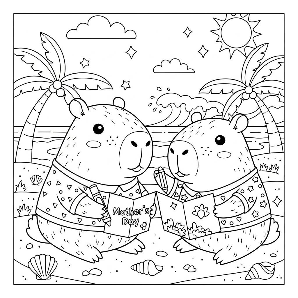 Desenho de capivara para colorir escrevendo cartão de dia das mães na praia com palmeiras