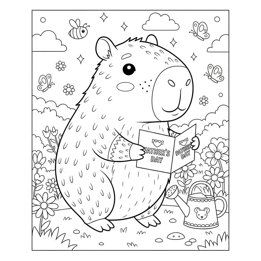 Desenho de capivara para colorir fazendo cartão de Dia dos Pais no jardim.