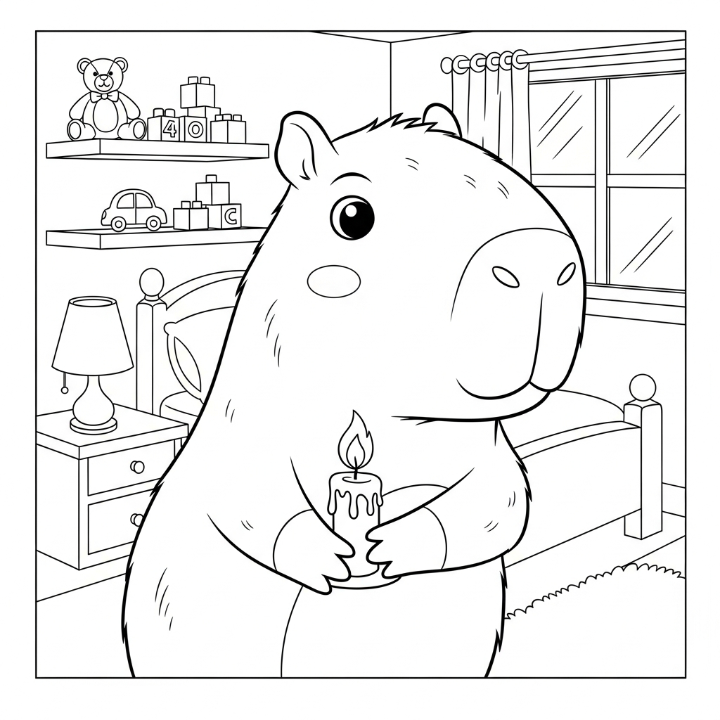 Desenho de capivara para colorir segurando vela acesa em quarto com cama e brinquedos.
