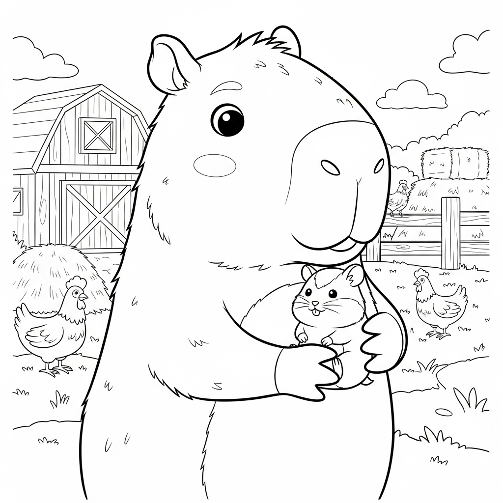 Desenho de Capivara para colorir, brincando com hamster na mão