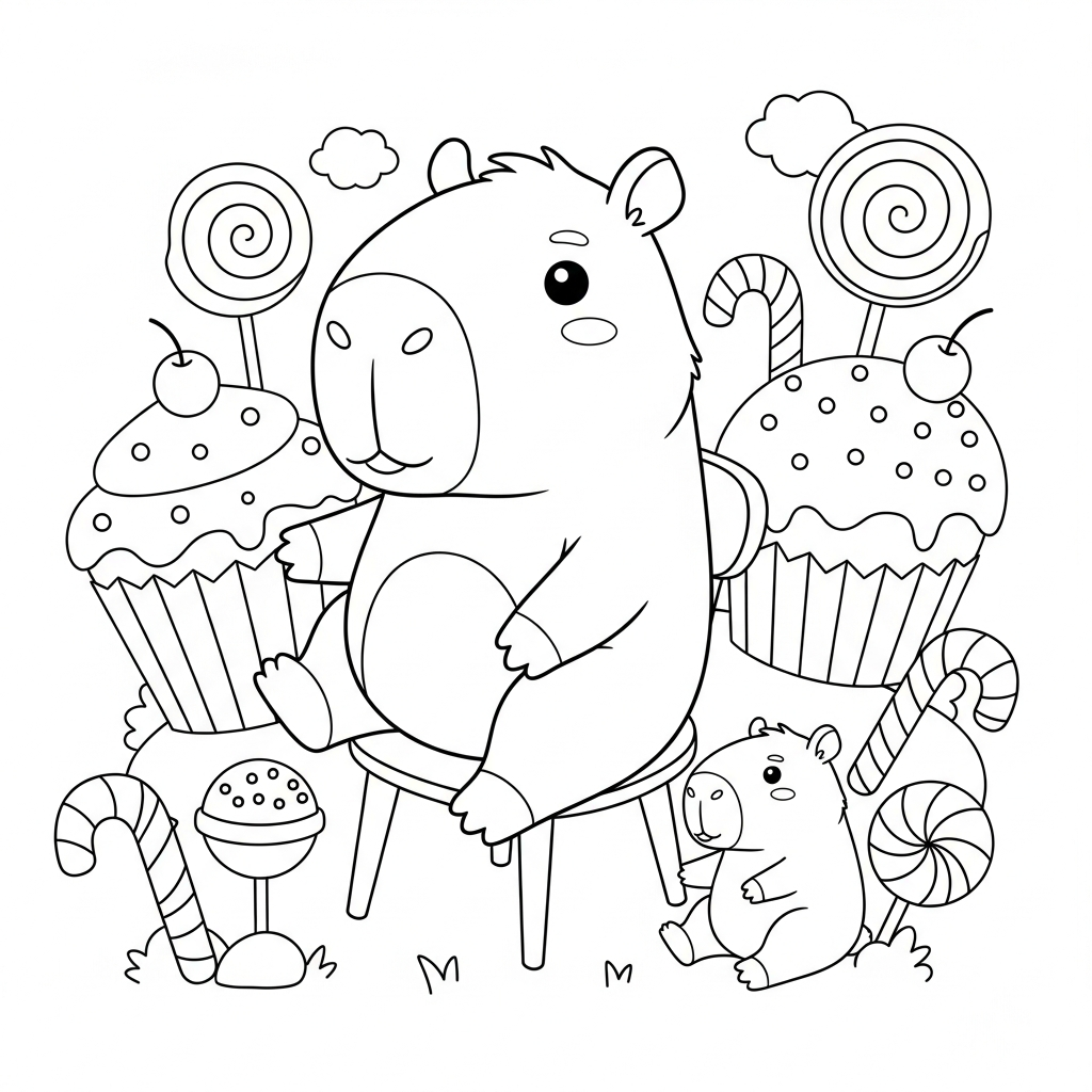 Desenho de Capivara para colorir, sentado em cadeira balançando os pés