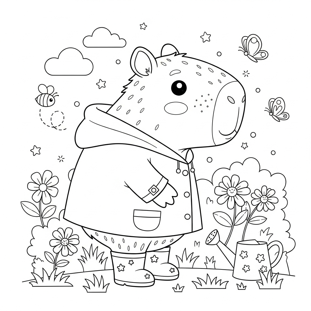 Desenho de Capivara para colorir, usando capa de chuva amarela e botinha