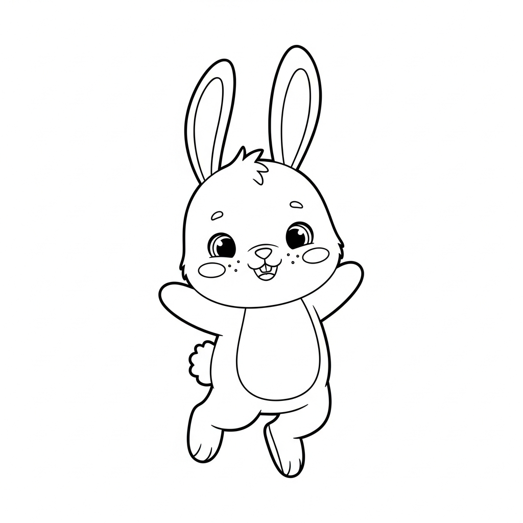 Desenho de coelho para colorir pulando no ar com braços levantados
