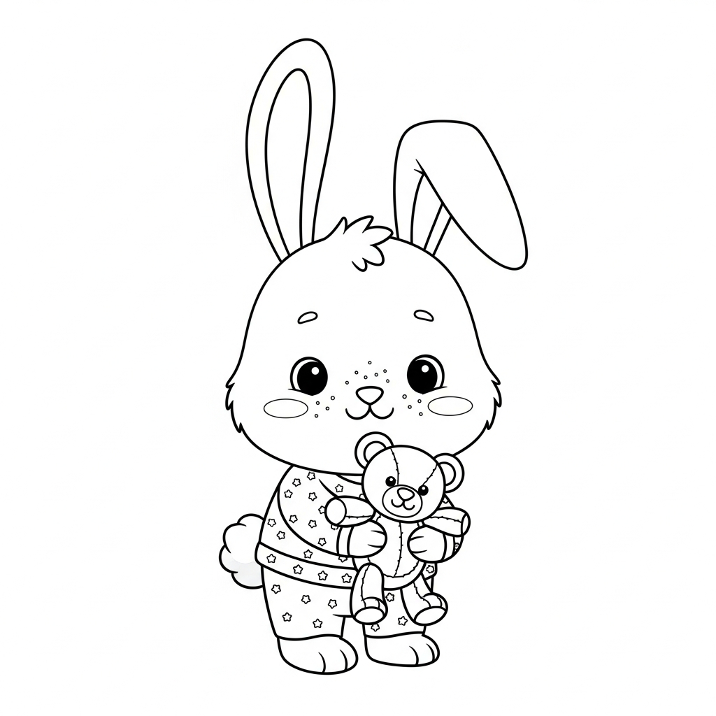 Desenho de coelho para colorir abraçando um ursinho de pelúcia fofo