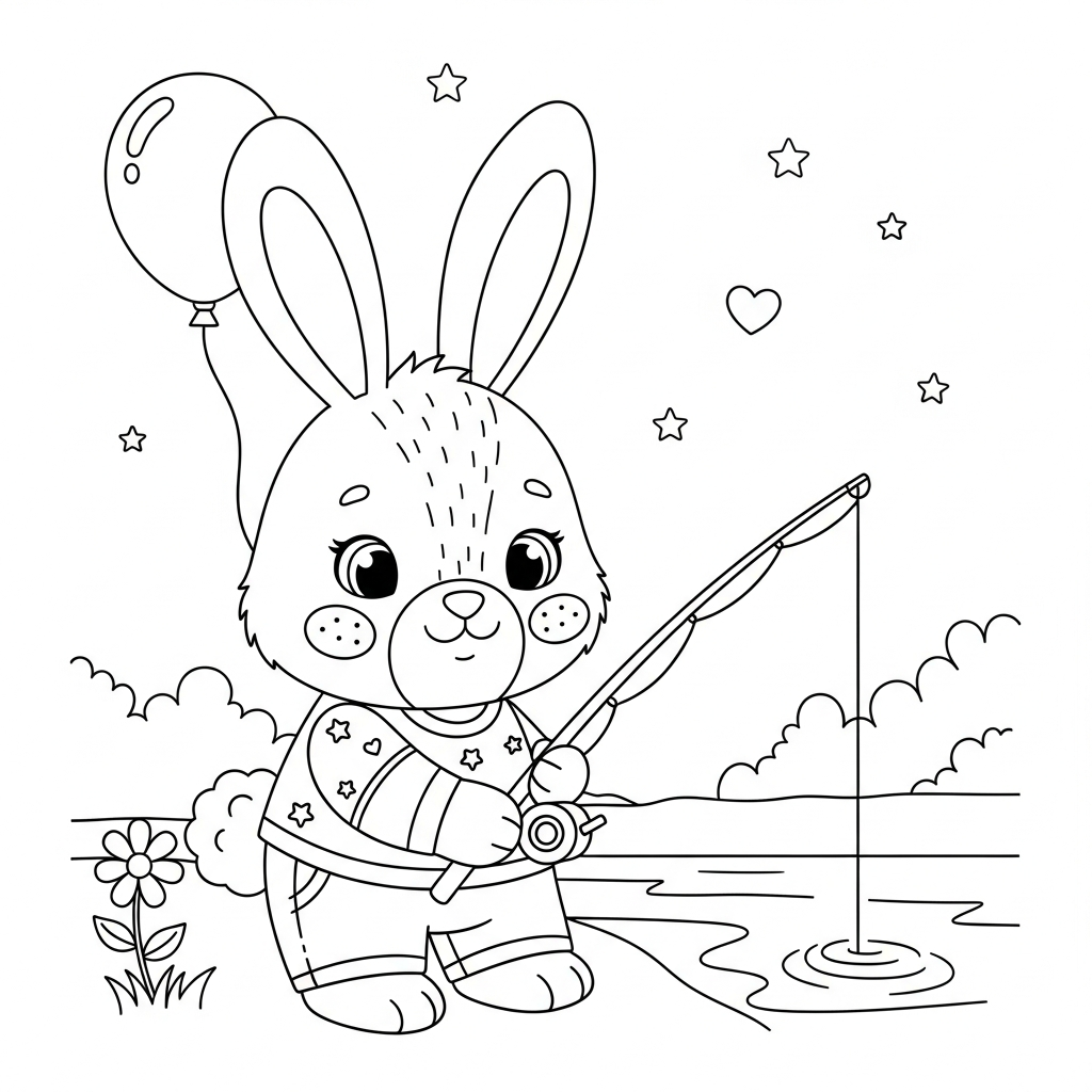 Desenho de coelho para colorir pescando com vara ao lado de balde pequeno.
