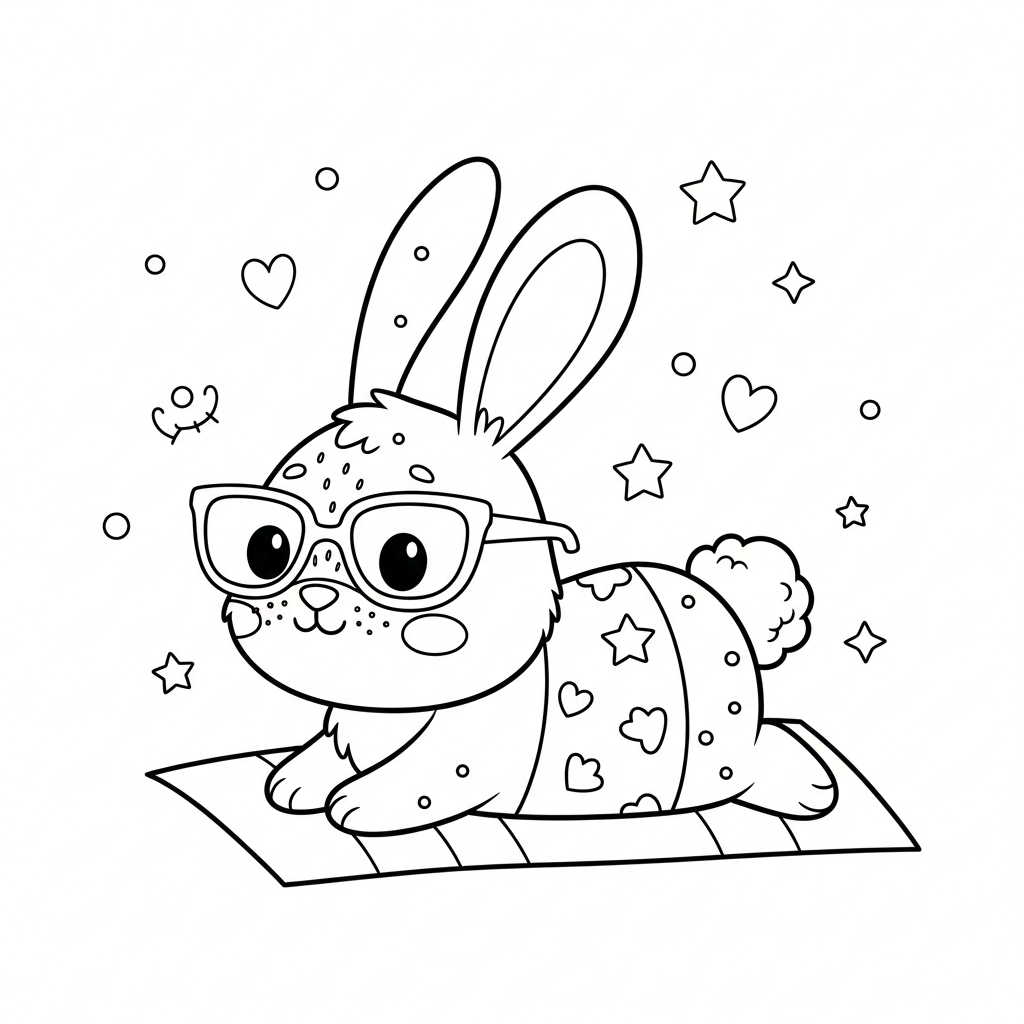 Desenho de coelho para colorir usando óculos de sol na praia com estrelinhas e corações