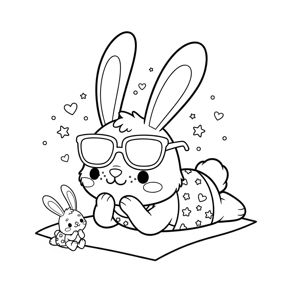 Desenho de coelho para colorir usando óculos de sol na praia com estrelinhas e corações