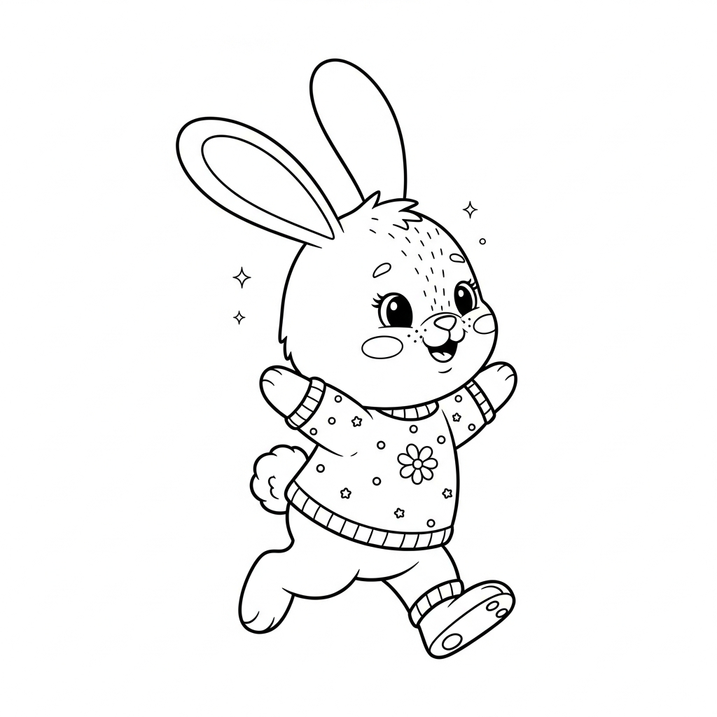 Desenho de coelho para colorir pulando alegremente ao lado de uma cenoura.