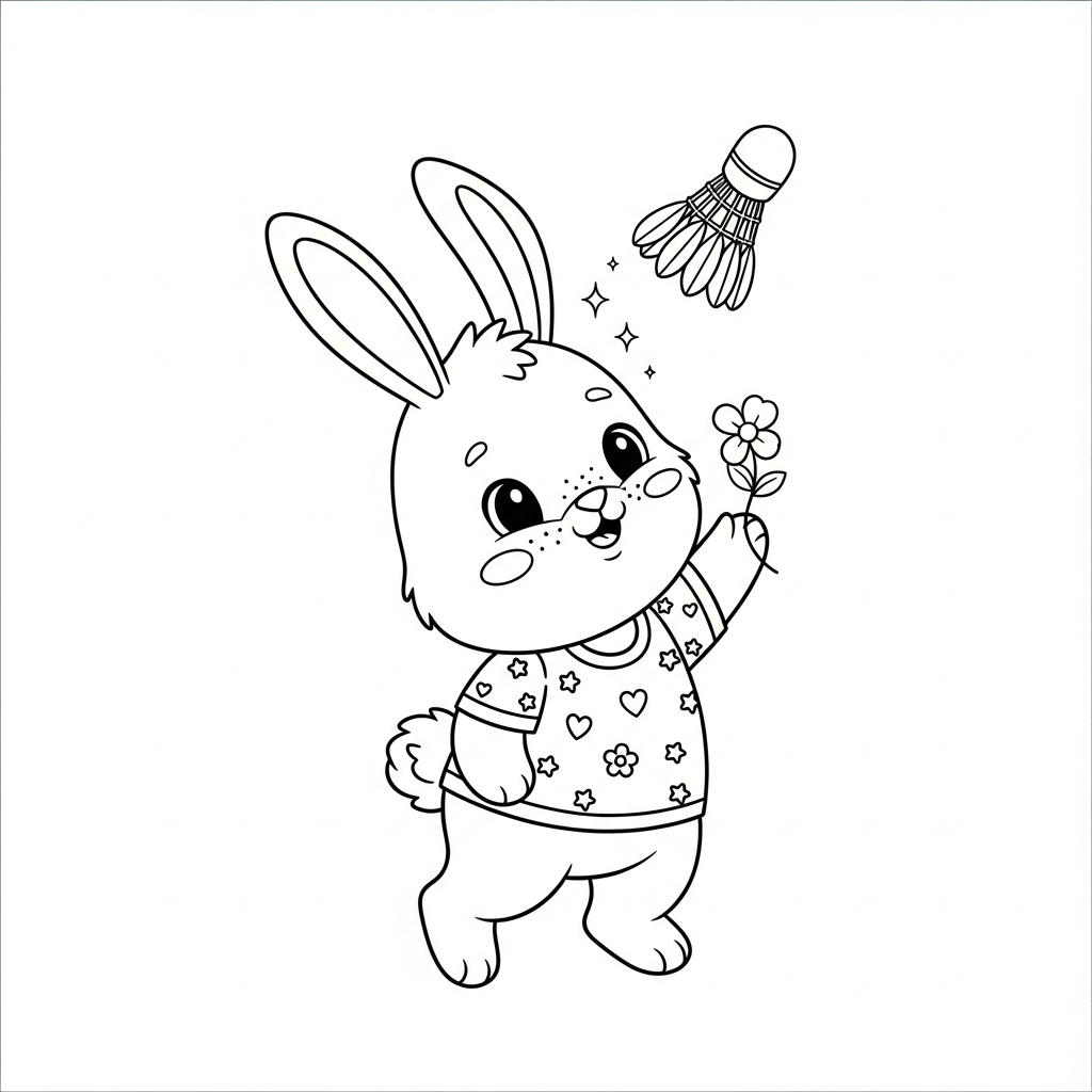 Desenho de coelho para colorir arremessando peteca ao lado de uma flor pequena.