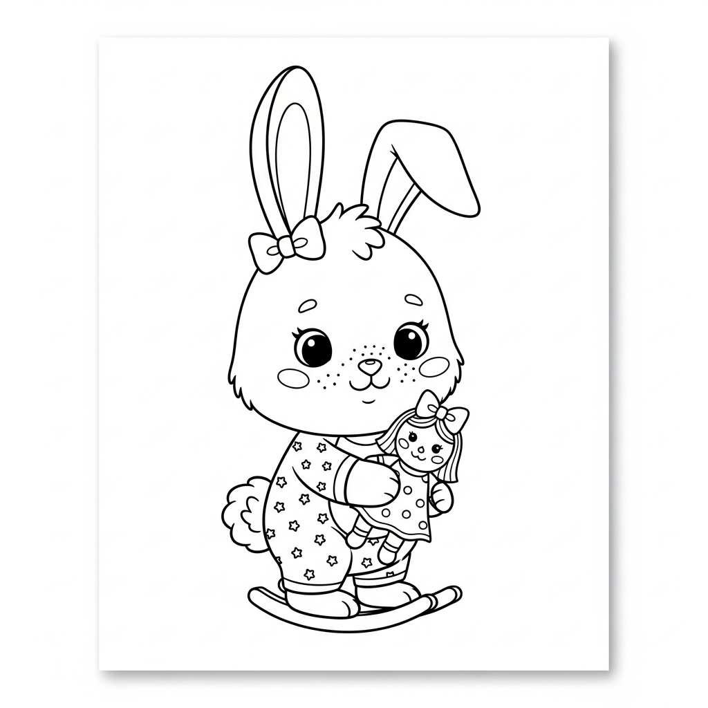 Desenho de coelho para colorir brincando com boneca e embalando carinhosamente