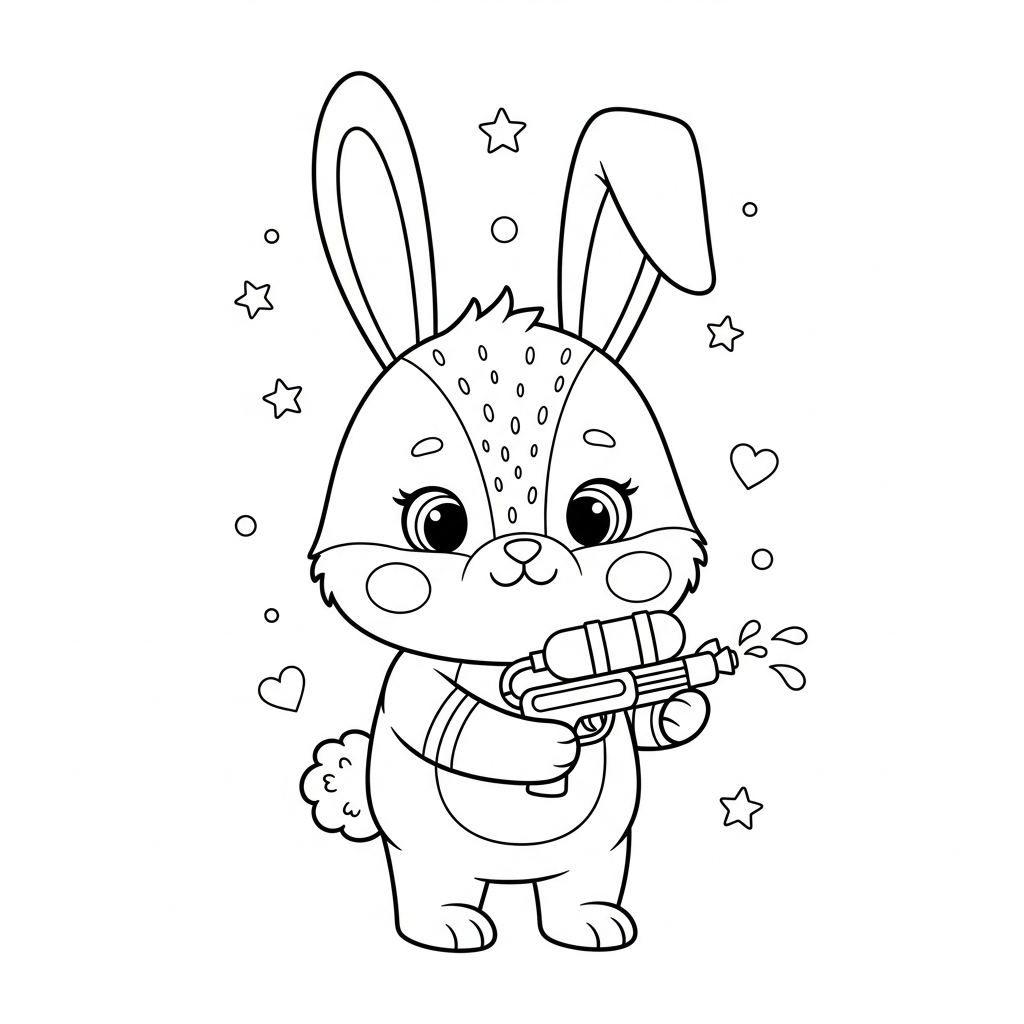 Desenho de coelho para colorir brincando com pistola de água, estrelinhas e corações.