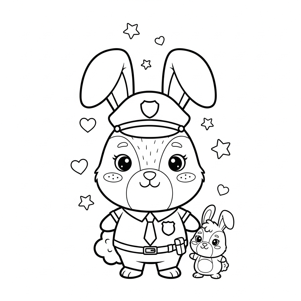 Desenho de coelho para colorir vestido de policial com distintivo, estrelinhas e corações.
