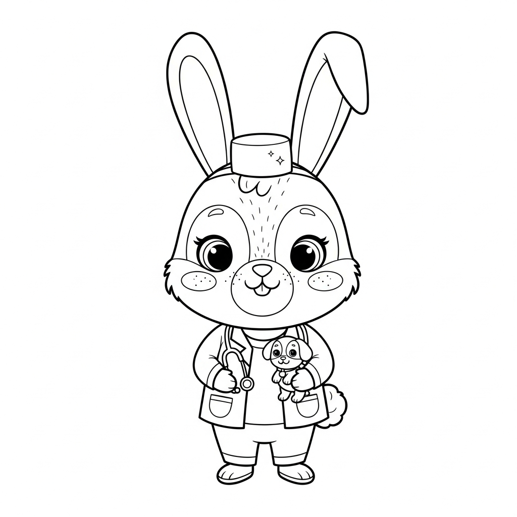 Desenho de coelho para colorir vestido de veterinário segurando um filhote